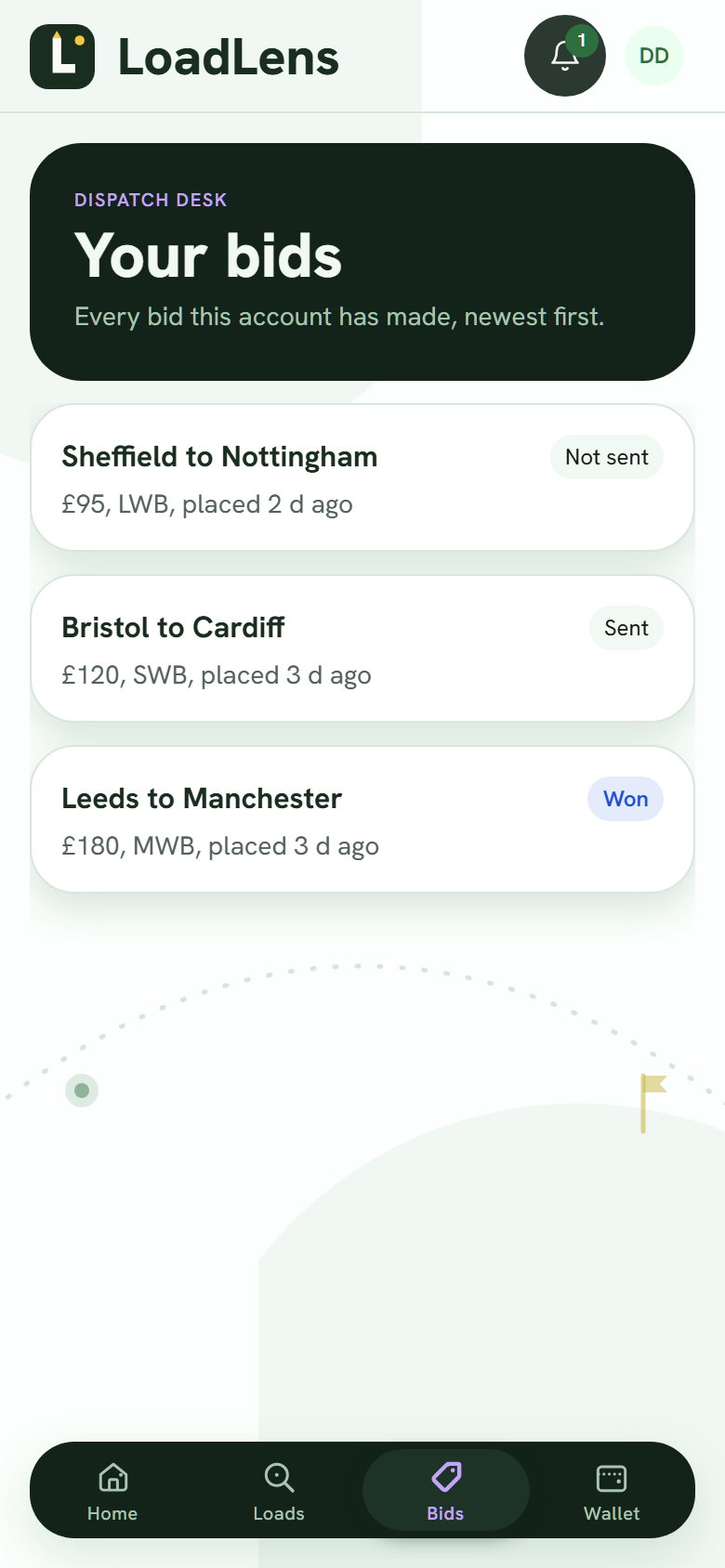 The bids screen in the LoadLens app: quotes listed newest first with Won, Sent and Not sent statuses.