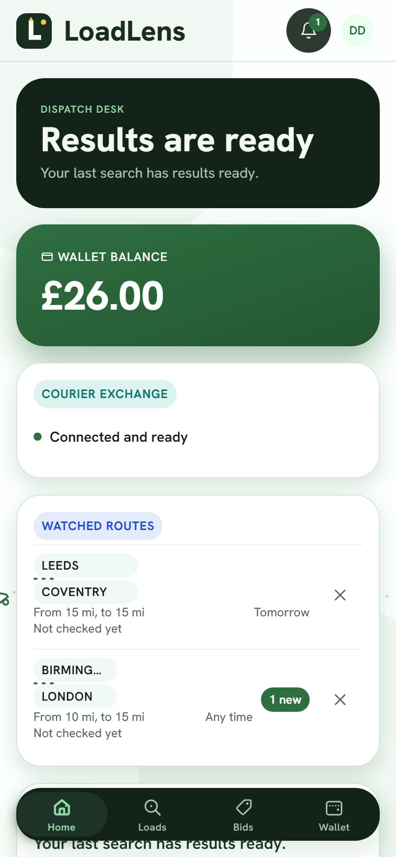 The LoadLens app home screen: wallet balance, Courier Exchange connection status, watched routes with a new-load alert, and recent bids.