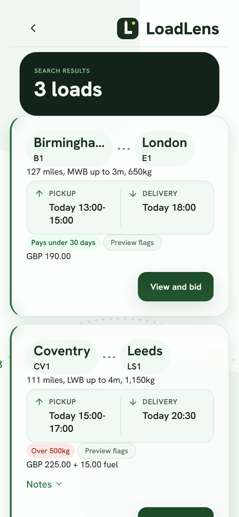 Load results in the LoadLens app: three load cards with routes, weights, pickup and delivery times, payment terms and flag chips.