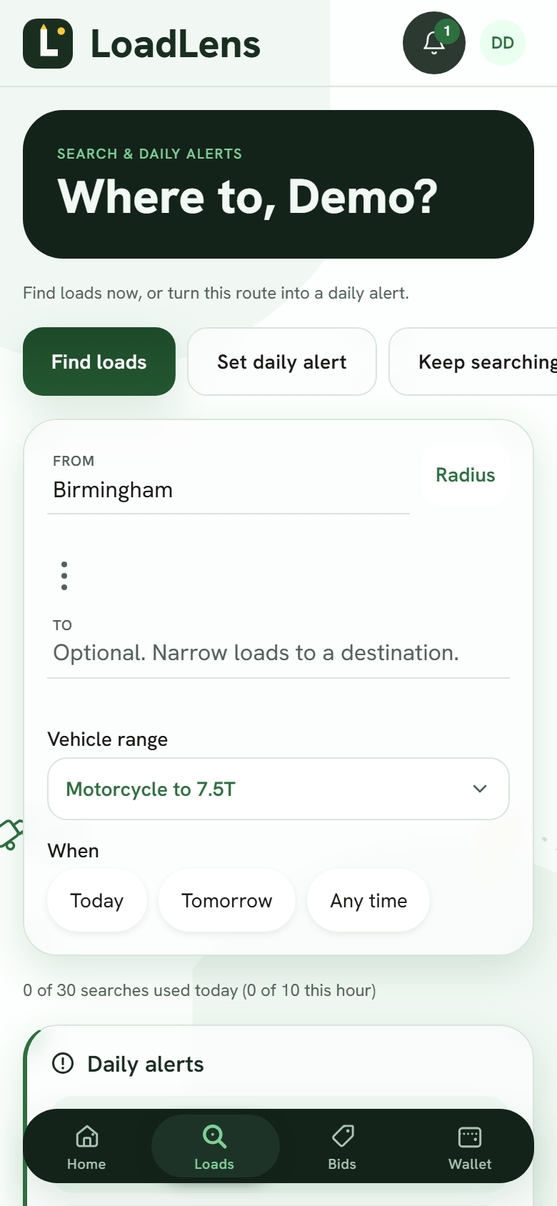 The LoadLens search screen: from and to locations with radius, vehicle range and date filters, plus daily alerts on saved routes.