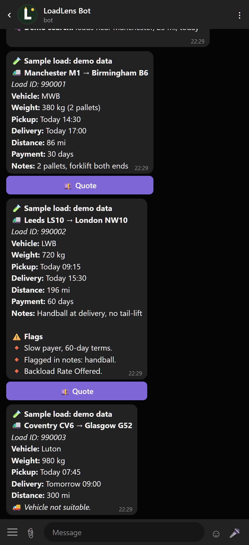 Screenshot of the current LoadLens bot finding and quoting sample loads in Telegram