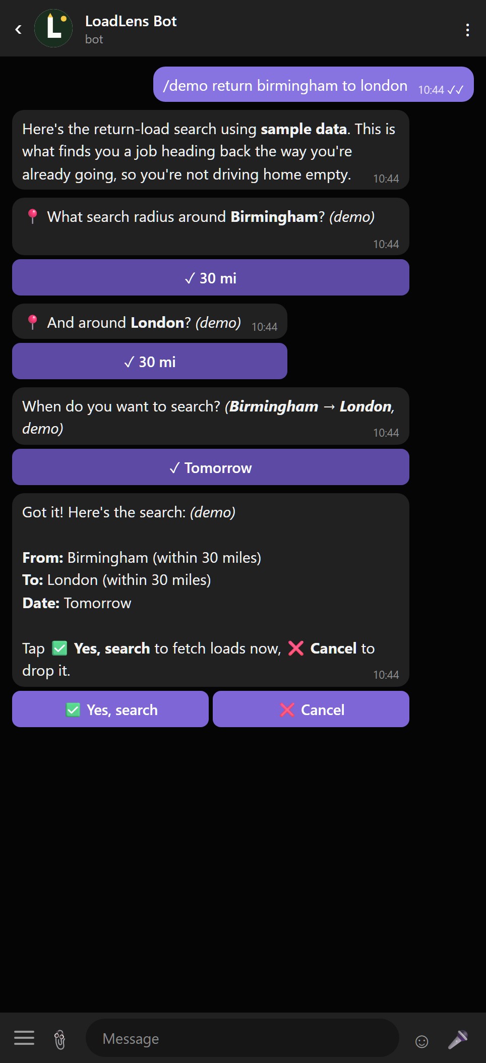Screenshot of the current LoadLens bot running a Birmingham to London return-load search on sample data in Telegram